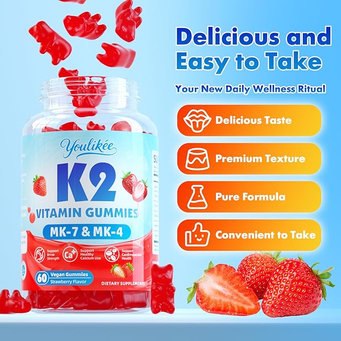 2 Pack Sugar-Free Vitamin K2 Gummies Dual Formula Vitamin K2 Supplement with MK-7 &amp MK-4 Supports Bone Health Gluten-Free Non-GMO Sugar-Free Strawberry Flavor 120 Gummies