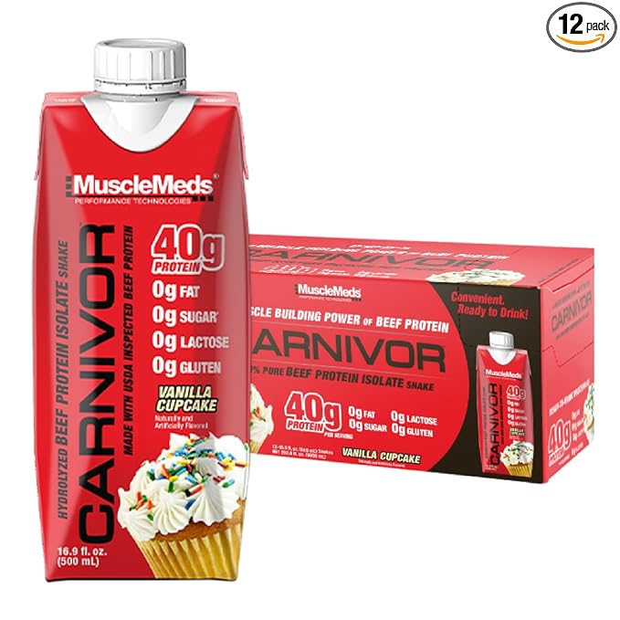 MuscleMeds Carnivor RTD Ready to Drink Protein Lactose Free Sugar Free 40g Isolate Protein Muscle Building Recovery Vanilla Cupcake 16.9 Fl Oz Liquid (Pack of 12)