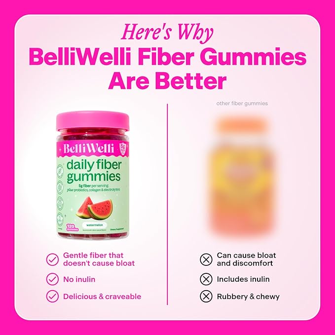 Belli Welli Fiber 4-in-1 Fiber Gummies Supplement with Added Probiotics Collagen and Electrolytes for Regularity and Bloat Relief Watermelon 120 Count