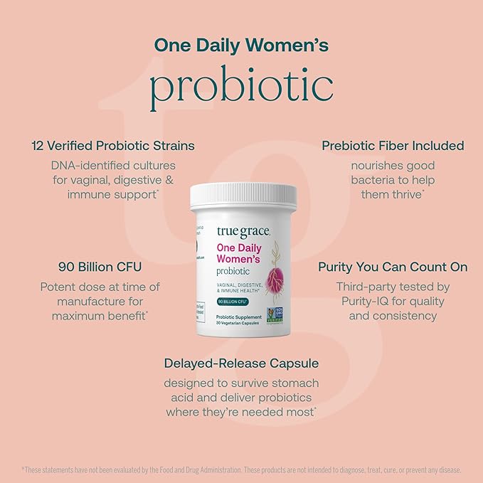 True Grace One Daily Women’s Probiotic - 30 Vegetarian Capsules - 90 Billion CFU - Digestive Vaginal &amp Immune Health - Gluten &amp Soy Free