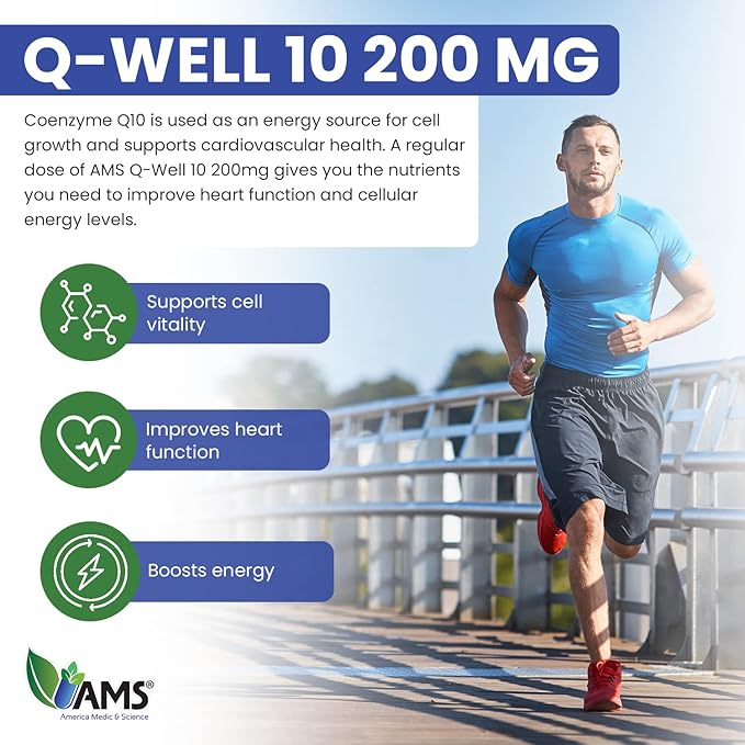 America Medic &amp Science Q-Well-10 (60 Count) | CoQ10 200mg Softgels | Nutritional Supplement with Coenzyme Q10 and Vitamin E | High Absorption Antioxidant for Enhanced Wellness and Heart Health