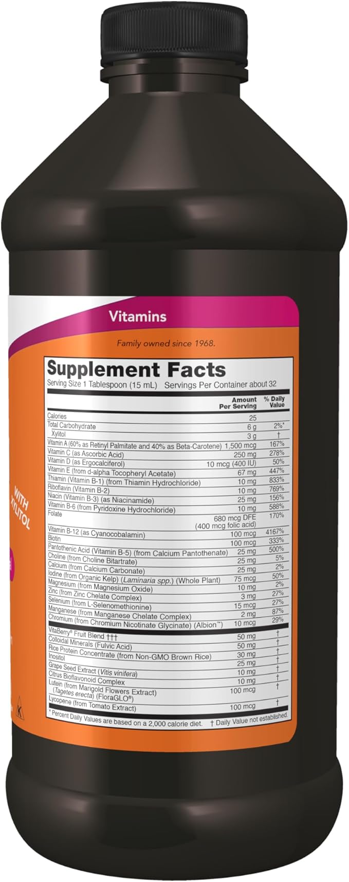 NOW Foods Supplements Liquid Multi Tropical Orange Flavor Fast Absorption with Added Phytonutrients 16-Ounce