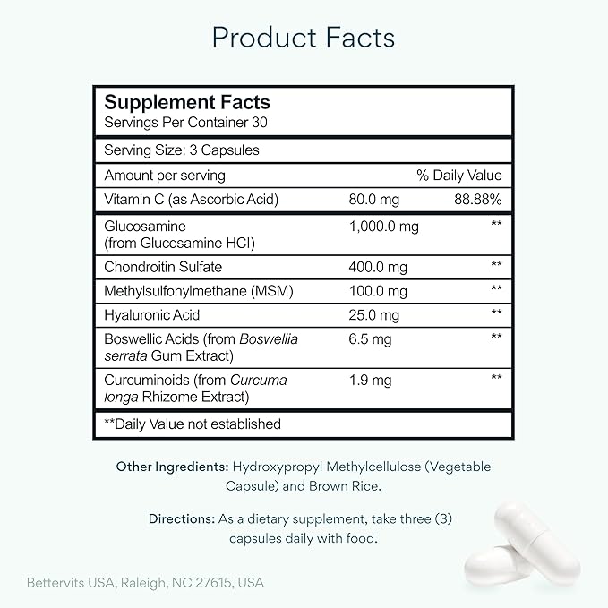 Bettervits Glucosamine Complex with MSM Сhondroitin | Joint Supplements for Women and Men with Vitamin C | Arthritis Support Supplement for Mobility &amp Flexibility - 90 Capsules