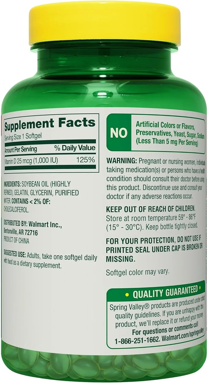 SUREFECT Spring Valley Vitamin D3 25 mcg (1000 IU) Softgels Bone &amp Immune Support 450 Count Organizer