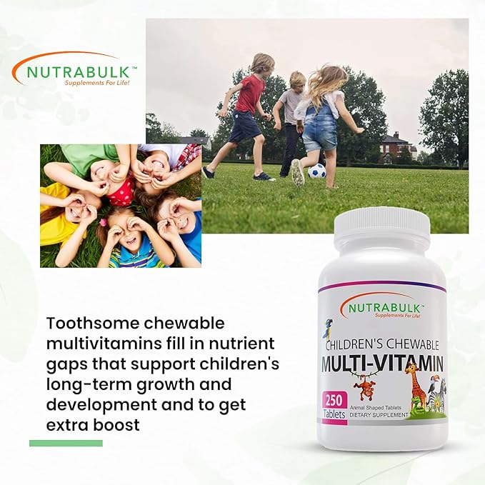 NutraBulk Children’s Chewable Multi-Vitamins - Promoting Kids' Overall Development - USA-Made May Help to Support Immune Bone Brain &amp Overall Well Being- Vegan &amp Gluten Free - 250 Cherry Ta
