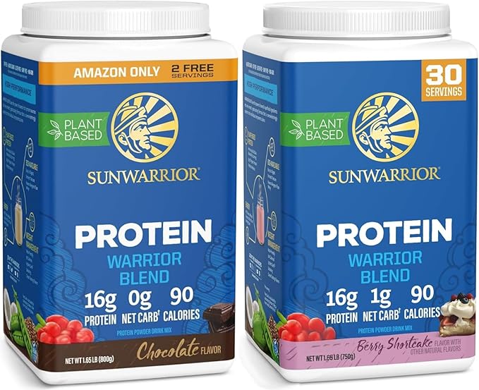 Sunwarrior Berry &amp Chocolate Organic Plant Based Protein Powder Set | Bundle &amp Save | Vegan Organic Protein Powder | Non-GMO Soy Dairy Filler &amp Gluten Free (32 Servings Chocolate 30 Servi