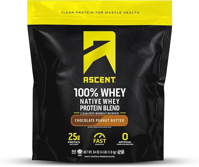 Ascent 100% Whey Protein Powder - Post Workout Whey Protein Isolate Zero Artificial Flavors &amp Sweeteners Gluten Free 5.5g BCAA 2.6g Leucine Essential Amino Acids Chocolate Peanut Butter 4 lb