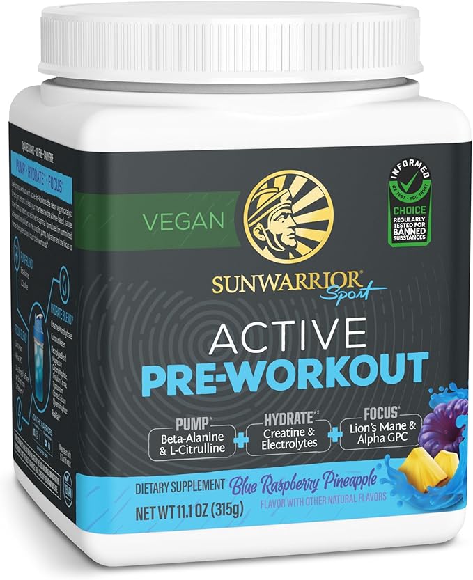 Sunwarrior Pre Workout Powder Energy Drink Vegan Plant-Based Supplement Pump Hydrate Focus Endurance &amp Strength Builder Blue Raspberry Pineapple Flavored 30 Servings Active Preworkout