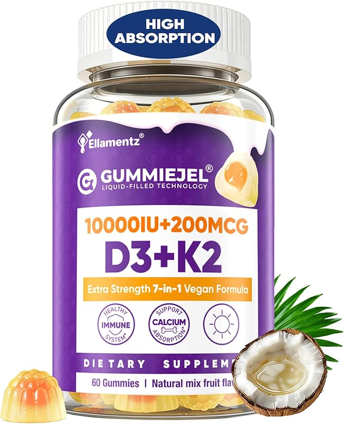 Vitamin D3 10000IU + K2 (MK-7) 200mcg Vitamin D3 K2 Magnesium Calcium Gummies with Coconut Oil Boron &amp Zinc Highly Absorbent Supports Bone Immune TeethSugar Free(Pineapple Flavor)