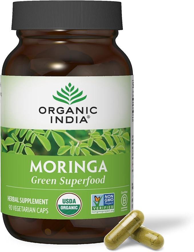 ORGANIC INDIA Moringa Herbal Supplement - Green Superfood Nutrient Dense Pure Plant Protein Vitamin A E K Iron Calcium Fiber Vegan Gluten-Free USDA Certified Organic - 90 Capsules