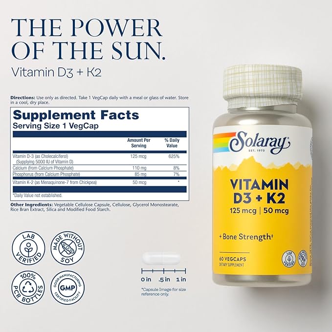 SOLARAY Magnesium Glycinate and Vitamin D3 K2 Bundle - High Absorption Chelated Magnesium Bisglycinate and 5000 IU Vitamin D - 120 VegCaps (30 Servings) of Magnesium 60 VegCaps (60 Servings) of D3 K2