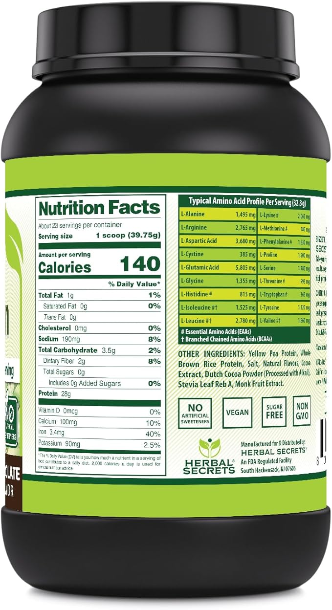 Herbal Secrets Plant Protein 2 Lb Powder | 28 Grams Protein per Serving | 6.1 Grams BCAA | Vegan Supplement | 23 Servings | Made in USA (2 Lb Chocolate)