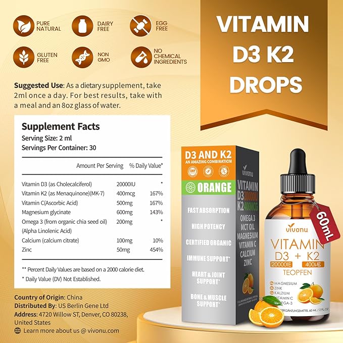 Vitamin D3 K2 Drops D3 20000 IU &amp K2 as MK-7 400mcg Liquid Vitamin D3 with K2 Magnesium Calcium Zinc &amp Omega 3 for Immune* Mood* Bone* Health Orange Flavor Vitamin D Liquid Drops Suppl