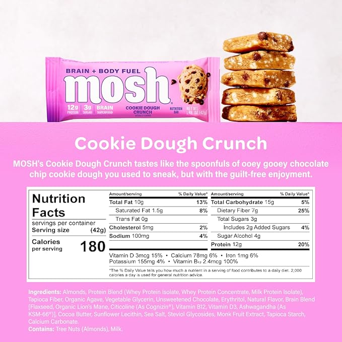 MOSH Cookie Dough Crunch Keto Protein Bars High Fiber Low Carb Gluten Free High Protein Brain Healthy Snack 12 Count