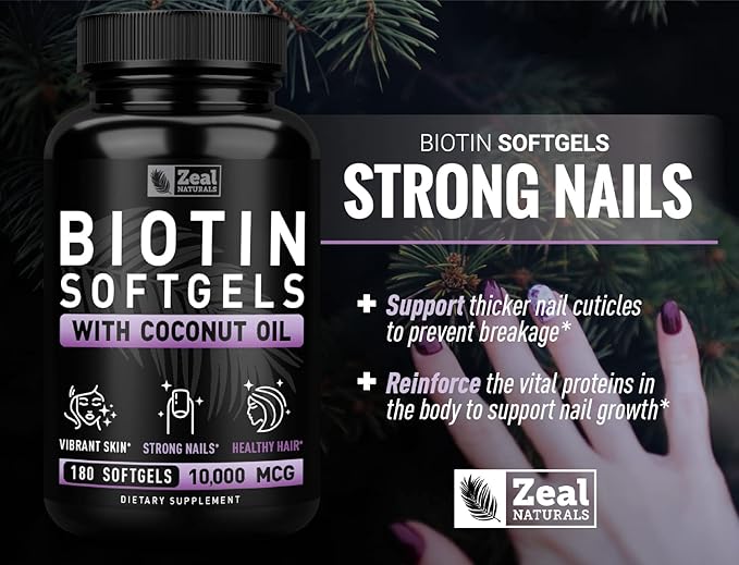 Zeal Naturals Biotin with Coconut Oil for Hair 10000mcg (180 Softgels) Supplement - Biotin Pills for Hair Skin and Nails Vitamins for Women Capsules for Men Hair Growth 6 mo Supply