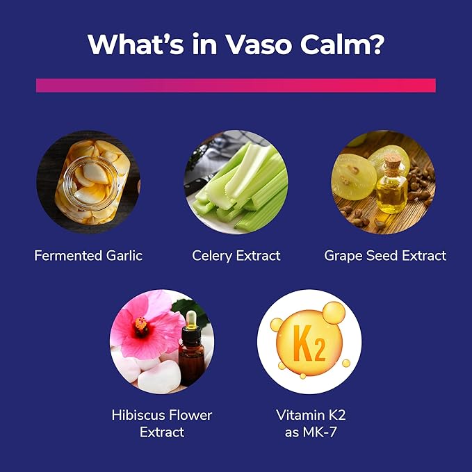 Vaso Calm - Healthy Blood Balance Supplement - Features Fermented Garlic Celery and Grape Seed Extract Hibiscus and Vitamin K2 - Made in the USA 60 Capsules