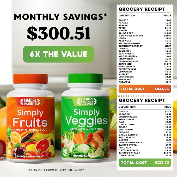 Simply Nature's Pledge - Packed with 42 Different Fruits &amp Vegetables - 2-Month Supply - Made with Real Non-GMO Whole Foods - Supports Energy &amp Overall Wellness - Soy-Free - 360 Capsules