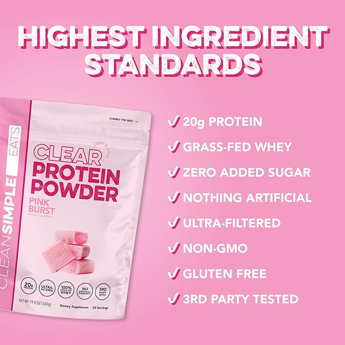 Clean Simple Eats Clear Protein Drinks 20G Grass Fed Whey Protein Isolate Ultra Filtered Light &amp Refreshing Beverage Low Lactose No Artificial Ingredients Pink Burst Flavor 20 Servings