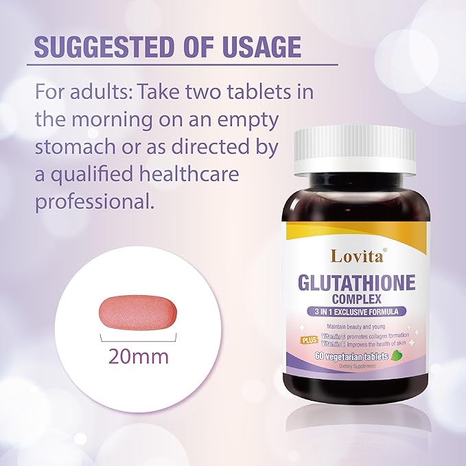Lovita Glutathione Complex 500mg for Radiant Skin &amp Immunity Support | 99.8% Purity with Vitamin C Selenium &amp E Vegan Non-GMO Gluten-Free 60 Vegetarian Tablets