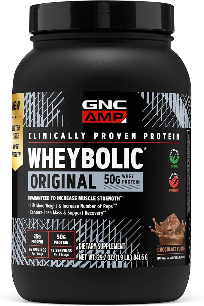 GNC AMP Wheybolic Clinically Proven Protein Powder 50g Whey Protein BCAA Leucine Increases Muscle Strength Muscle Building 3rd Party Tested Gluten Free Chocolate Fudge 13 Servings