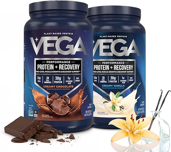 Vega Sport Premium Protein Powder + Recovery Bundle - Vanilla (20 servings) and Chocolate (19 servings) 30g Plant Based Protein 5g BCAAs Low Carb Keto Pea Protein for Women and Men