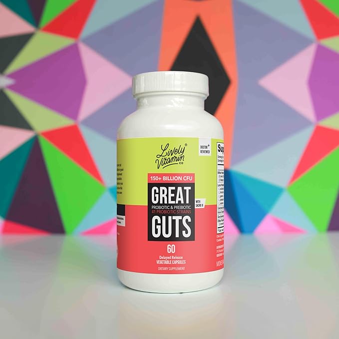LIVELY VITAMIN CO. Great Guts Probiotic - 25 Billion CFU Probiotic - Balance Gut Microbiome GI Tract Inflammation Indigestion Reflux Upset Stomach &amp Diarrhea - 90 Caps