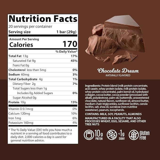 Genius Gourmet Protein Bar Chocolate Dream Keto Snack Low Carb Low Sugar &amp Gluten Free Protein Snacks for Adults 10G of Whey Protein per Protein Bar 5 Net Carbs 20 Count