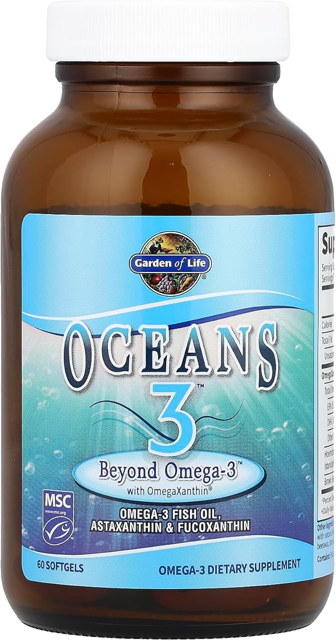 Garden of Life Oceans 3 Beyond Omega-3 with OmegaXanthin EPA DHA Supplements Fish Oil with 1200 mg Omega 3 Astaxanthin &amp Brown Seaweed Extract - 60 Softgels