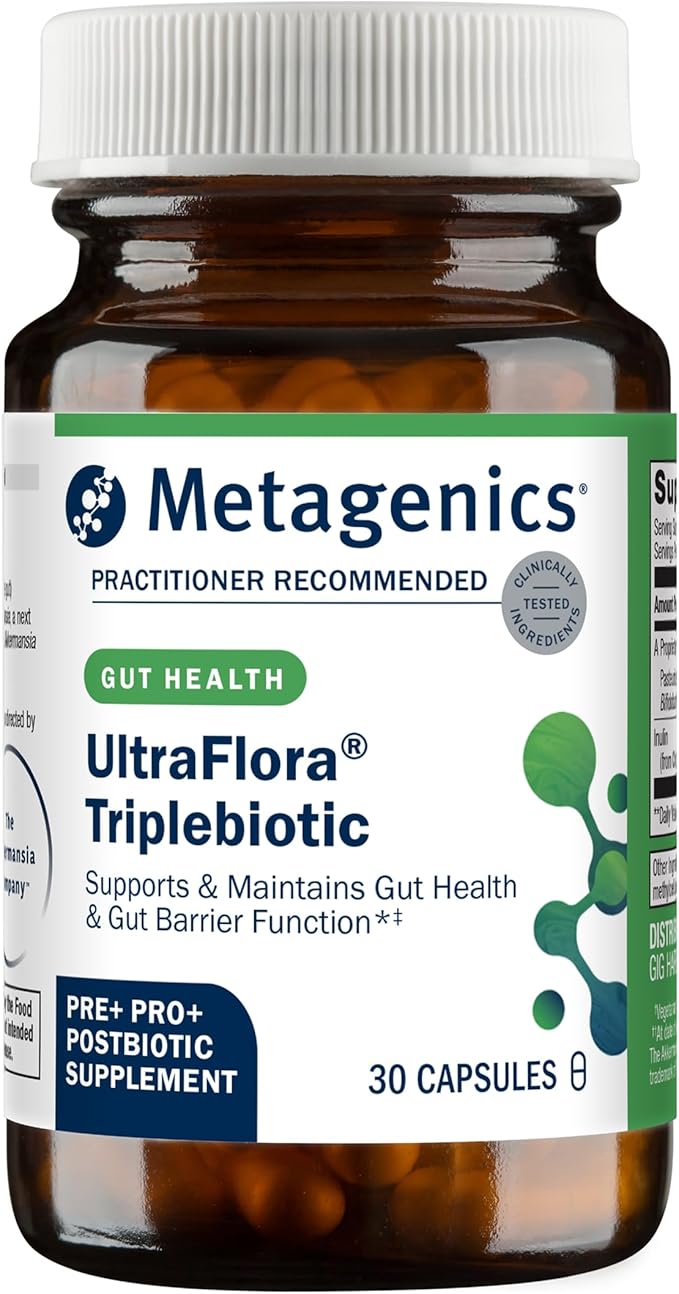 Metagenics UltraFlora Triplebiotic - Prebiotic Probiotic &amp Postbiotic Blend with Akkermansia for Gut Health* - Supports Digestive Balance Microbiome &amp Immune Function* - Shelf-Stable - 30 Ca