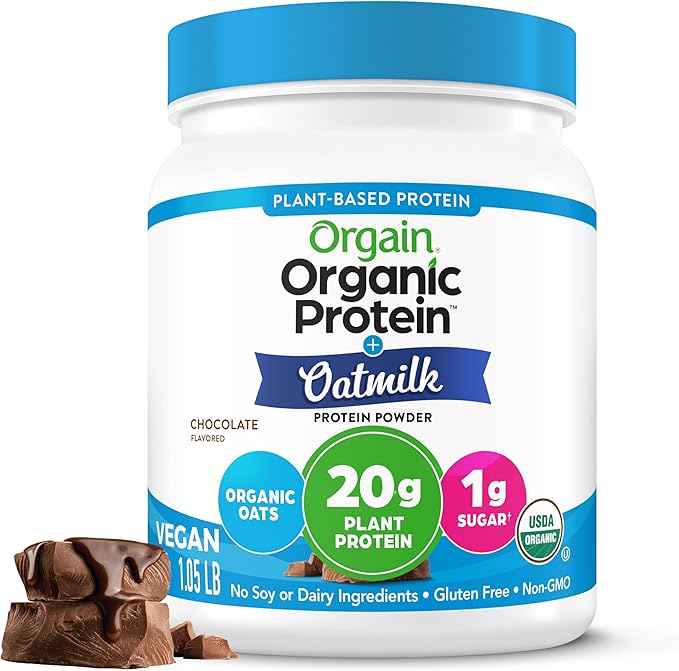 Orgain Organic Vegan Protein Powder + Oat Milk Chocolate - 20g Plant Based Protein Gluten Free No Dairy Soy or Lactose Ingredients Low Sugar Non-GMO Kosher For Shakes &amp Smoothies - 1.05lb