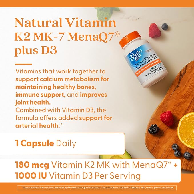 Doctors Best Natural Vitamin K2 MK-7 Plus D3 Supports Tissue Artery &amp Bone Health Non-GMO Gluten Free Soy Free Vegetarian 60 Veggie Caps