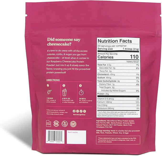 ProDough Gourmet Whey Isolate Hydrolized Protein Powder for Shake Mix- Easy Digest Enzyme Blend 25g Protein per Serving Natural Ingredients Gluten Free Keto Friendly (Rasberry Cheesecake)