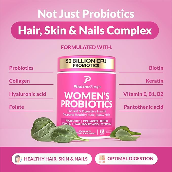Advanced Women's Probiotics for Gut Health with Hair Skin &amp Nails Vitamins Support - 50 Billion CFU w/Collagen Biotin &amp Keratin - Probiotic Supplement for Digestive Health &amp Bloating Re