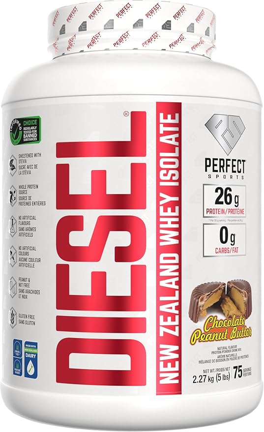 PERFECT SPORTS Diesel 100% New Zealand Whey Protein Isolate | Stevia Sweetened No Artificial Ingredients Keto | 0g Carb 0g Fat 26g Protein | 2 Pounds (Chocolate Peanut Butter)