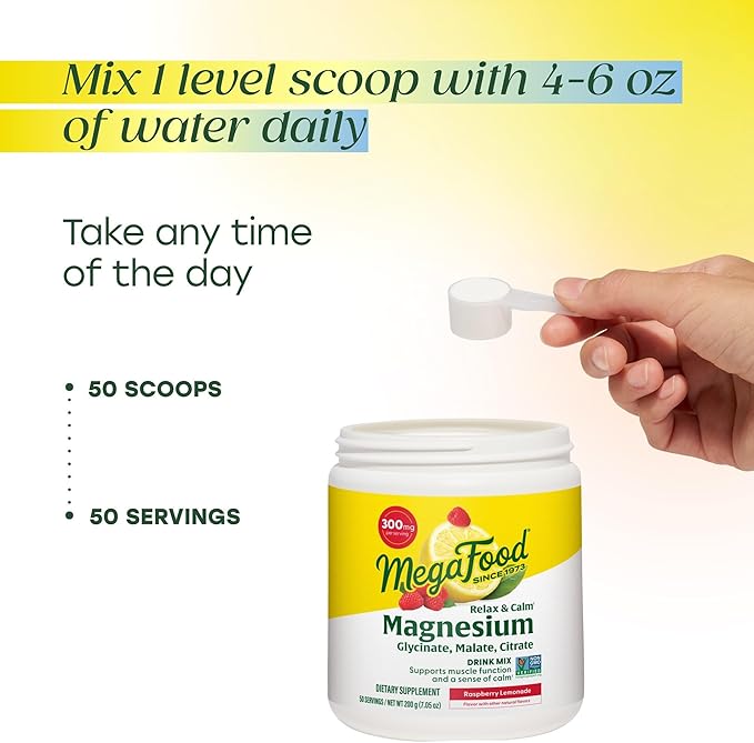 Megafood Relax + Calm Magnesium Powder - Highly Absorbable Magnesium Glycinate Magnesium Citrate &amp Magnesium Malate - Without 9 Food Allergens - Raspberry Lemonade Flavor - 7.05 Oz (50 Servings)