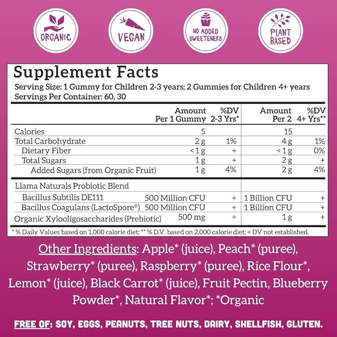 Llama Naturals Kids Multivitamin and Probiotic and Prebiotics Bundle Vegan Organic Gut Health and Immune Support Gummies Real Fruit Gummy Vitamins No Added Sugar Cane 2 Bottles 30 Day Supply
