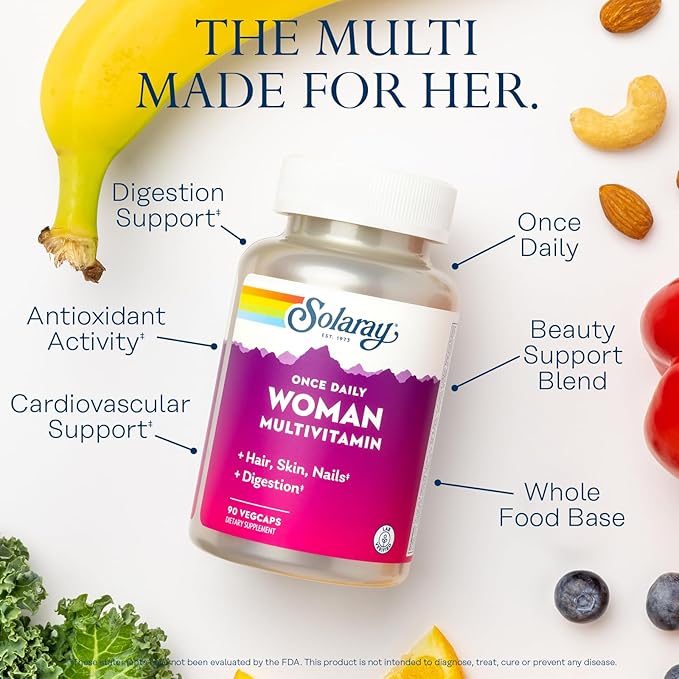 SOLARAY Once Daily Woman Multivitamin with Iron Cellular Energy Digestion Red Blood Cell Support Multivitamin for Women w/Vitamin D Vitamin B12 Prenatal Vitamins Support w/Folic Acid 90 Serv