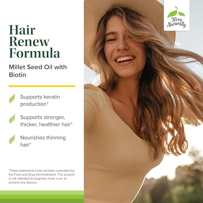 Terry Naturally Hair Renew Formula - Healthy Hair Growth Supplement with Biotin B Vitamins &amp Zinc - Millet Seed Oil for Keratin Production Support &amp Stronger More Radiant Strands - 60 Softgel