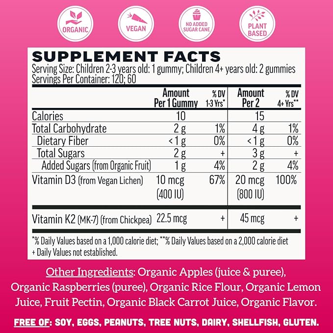 Llama Naturals Vitamin D3 K2 Gummies for Kids Vegan Organic Children Toddler Vitamin D Gummies Real Fruit Gummy Vitamins No Added Sugar Cane Raspberry 120 Ct