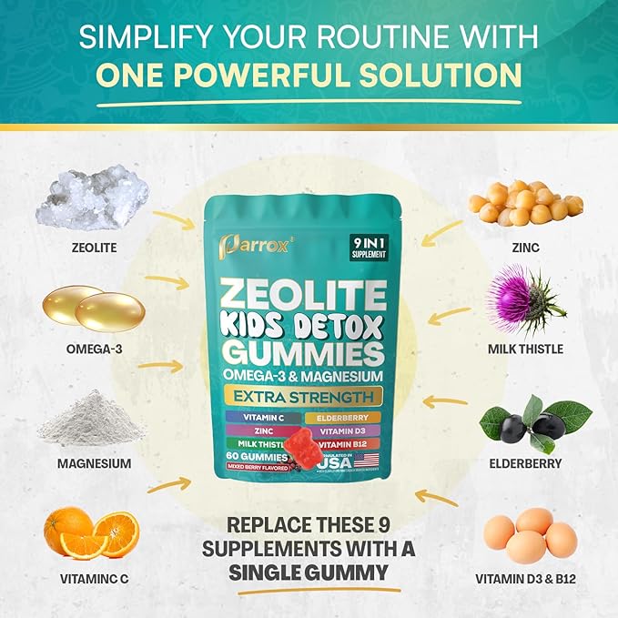 Zeolite Kids Detox Gummies 9-in-1 Extra Strength with Zeolite Omega-3 Magnesium Elderberry Vitamin C Milk Thistle Vitamin D3 Zinc B12 – Sugar-Free (Mixed Berry Flavor - 2 Pack)