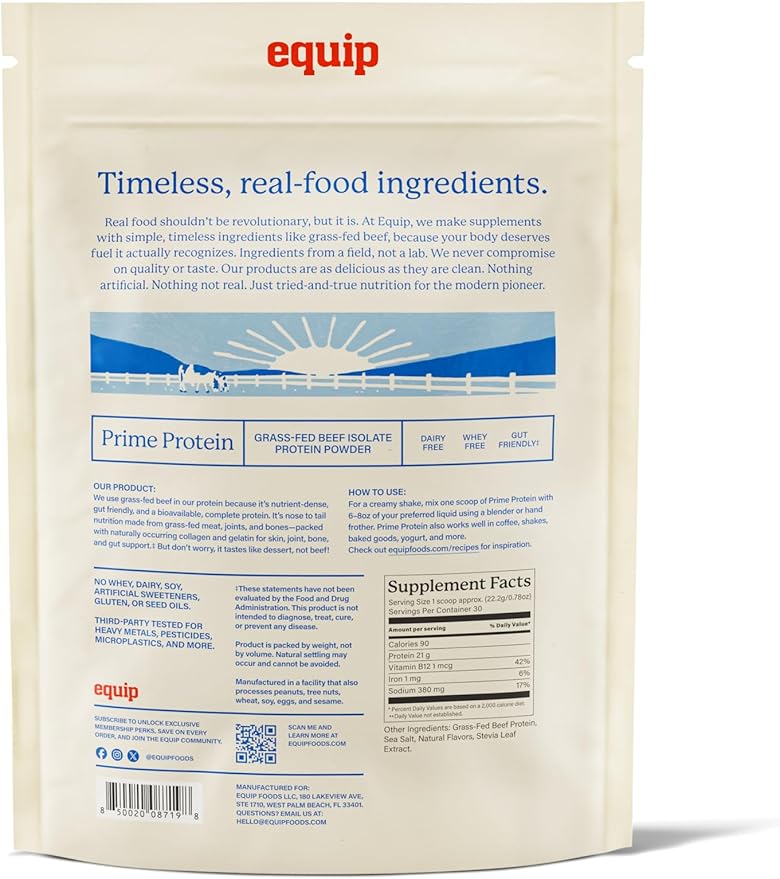 Equip Foods Prime Protein Powder | Clean Grass Fed Beef Protein Powder Carnivore Protein Isolate | Paleo Keto Friendly Gluten &amp Dairy Free Helps Build &amp Repair Tissue| 30 Servings Salted