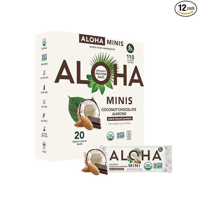 ALOHA Organic Plant Based Protein Bar MINIS |Coconut Chocolate Almond | 20 Count 24g Bars | Vegan Low Sugar Gluten Free Paleo Low Carb Non-GMO Stevia Free Soy Free No Sugar Alcohols