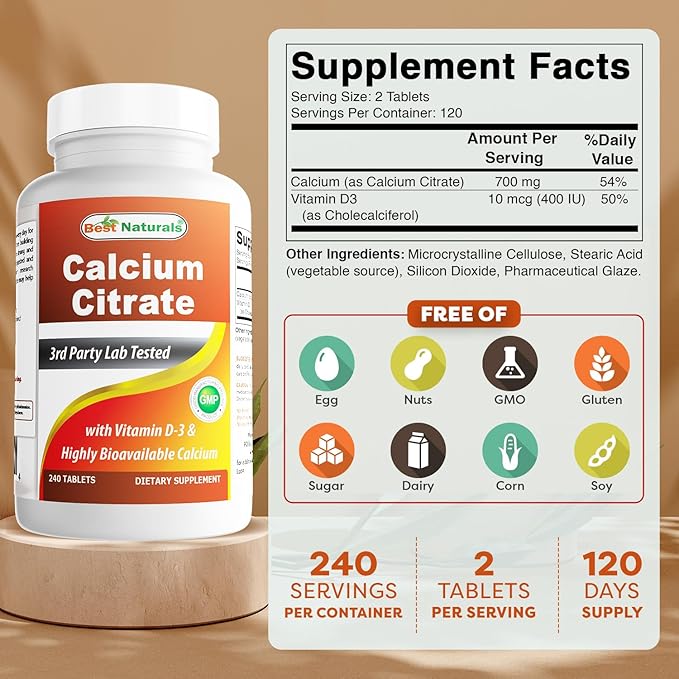Best Naturals Calcium Citrate with Vitamin D-3 240 Tablets (240 Count (Pack of 3))
