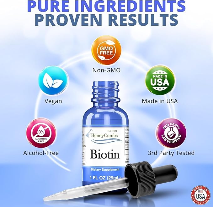 HoneyCombs Liquid Biotin for Hair Growth Drops High Potency Biotin Liquid Vitamin B7 500 Percent DV Vegan Sublingual Biotin Liquid Drops for Adults and Kids 36 Serving Bottle Made in USA