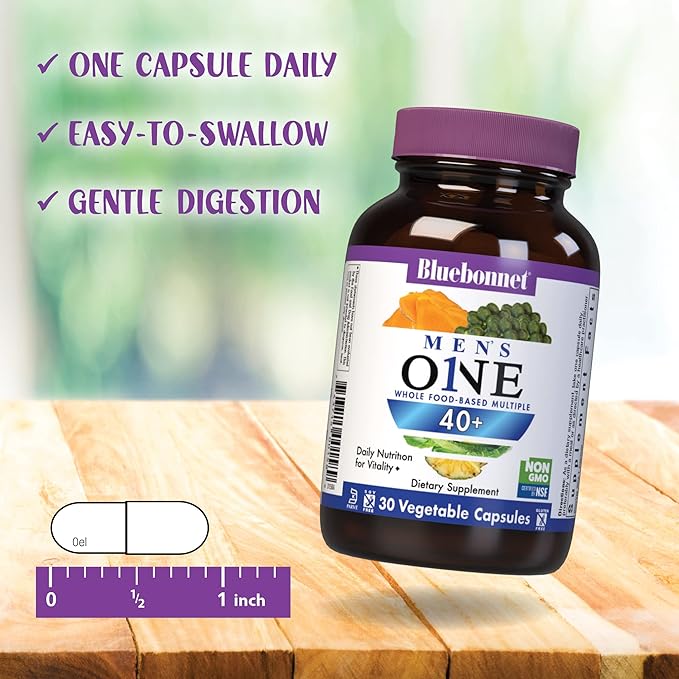 Bluebonnet Nutrition Mens' ONE 40+ Whole Food-Based Multiple Men Multivitamin for Men 40+ Soy-Free Non-GMO Gluten Free Kosher 60 Vegetable Capsules 60 Servings