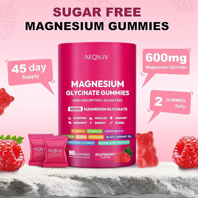 Magnesium Glycinate Gummies 600mg High Absorption Magnesium Complex Sugar Free Chewables Gummies with VitaminD &amp B6 CQ10 for Adults &amp Kids Relaxation Muscle &amp Zzz Support
