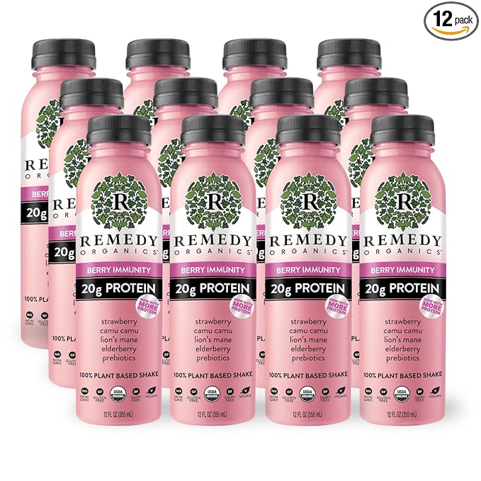 Remedy Organics Berry Immunity 12-Pack | Plant Based 20g Protein Shakes Ready to Drink | USDA Organic Gluten Free Dairy Free Soy Free