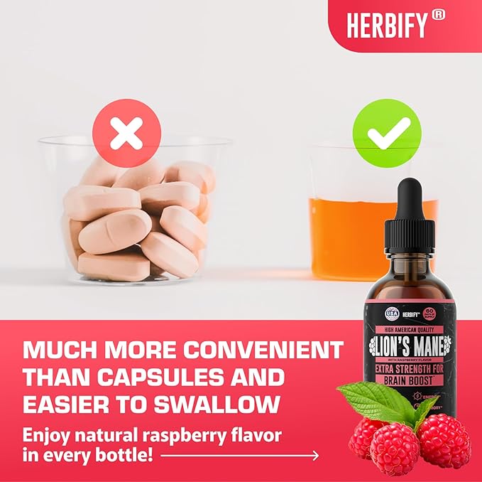 HERBIFY Lions Mane Supplement - Daily Mushroom Supplement for Memory Focus &amp Clarity - Brain Booster - Lions Mane Tincture for Natural Immune Support - 4 Fl Oz Raspberry Flavor