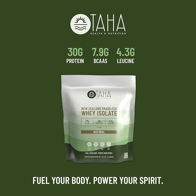 Taha Health &amp Nutrition Natural Unflavored Whey Protein Isolate 30g Protein 7.9g BCAAs 4.3g Leucine | New Zealand Grass-Fed Free-Range Dairy | Gluten &amp Soy Free Keto Kosher | 2LB ~26 Se