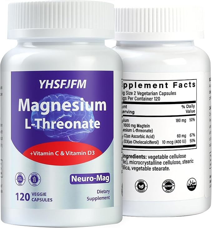 2000mg Magnesium L-Threonate with Vitamin C &amp D3-120 Vegetarian Caps (2-Month Supply) - High Absorption Complex - Non-GMO Gluten/Soy-Free - Supports Bone Health Relaxation &amp Wellness